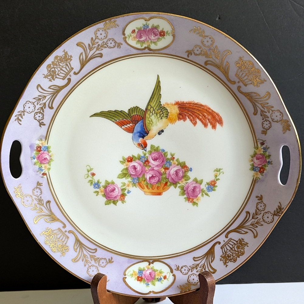 Antique Round Serving Plate Bird of Paradise Floral Porcelain Germany Vintage